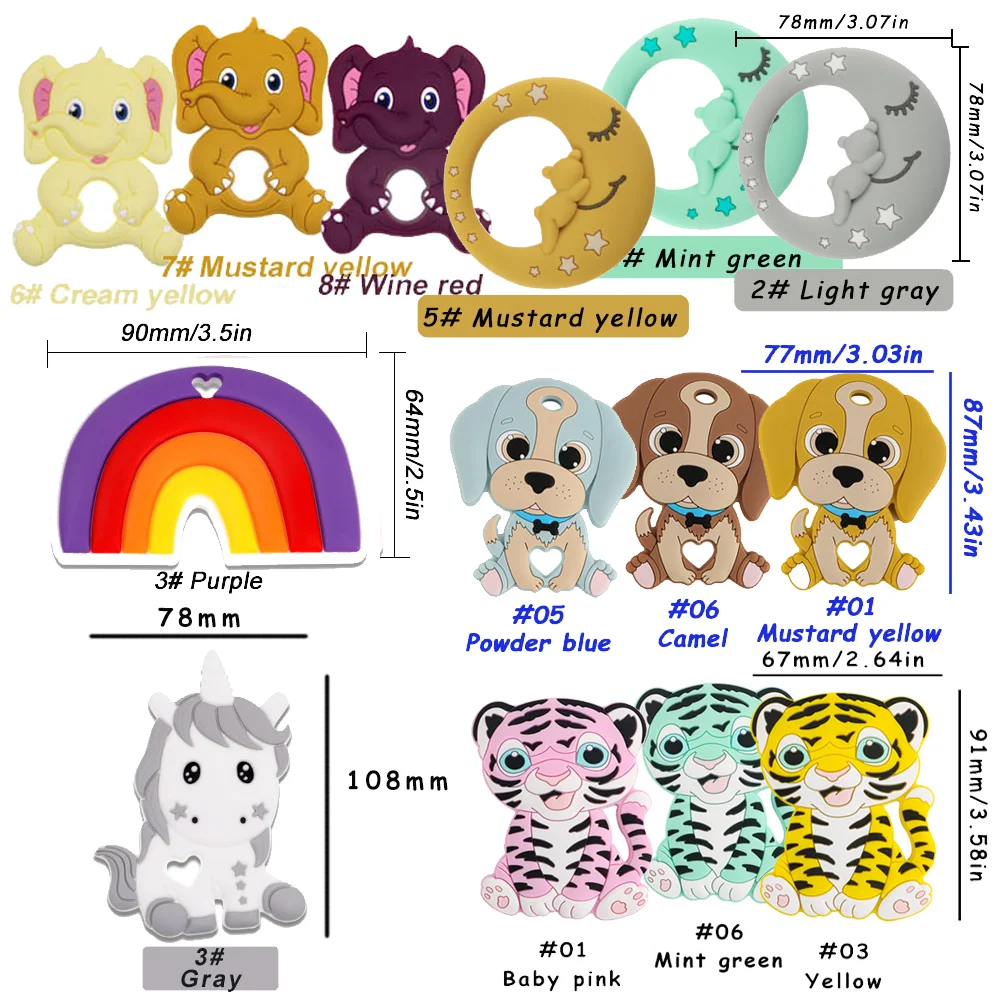 

2pc Cartoon Animal Dog/tiger/Elephant Baby Silicone Pendants Rodent BPA Free Food Grade DIY Pacifier Chain Necklace Accessories