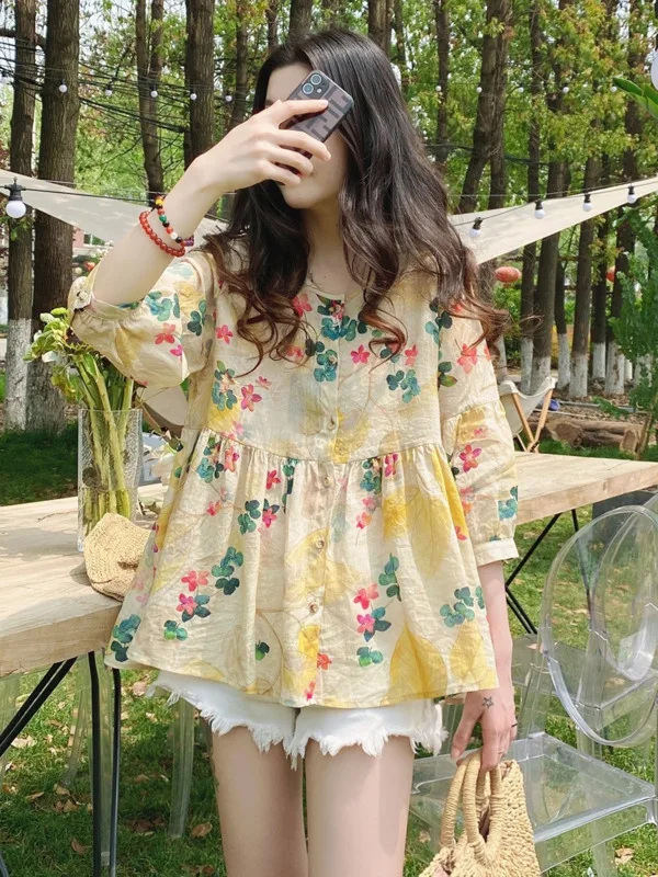 Doll shirt fashion women's top Korean version loose commuting sweet foreign style floral ramie fluffy shirt sleeved shirt 3N44