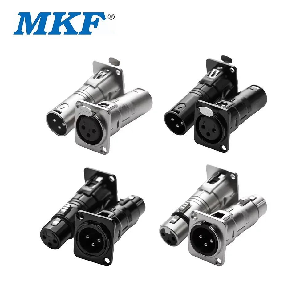 MKF D-Type Solderless Male Female 3Pin XLR Panel Mount Passthrough Adapter for Audio Studio Desktop Ground Socket