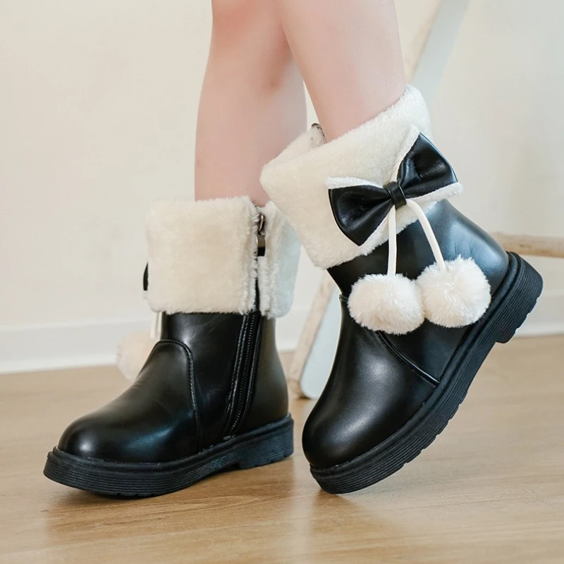 

2025Winter New Girl Leather Boot Fashion Versatile Kid Snow Boots Simple Girls Ankle Boot Velvet Warmth Child Cotton Shoe Botas