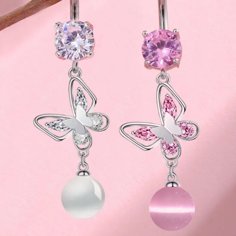

G23 Titanium Belly Button Ring 14G Zircon Butterfly Heart Long Chain Dangle Navel Piercing Jewelry Women Navel Piercing Ombligo