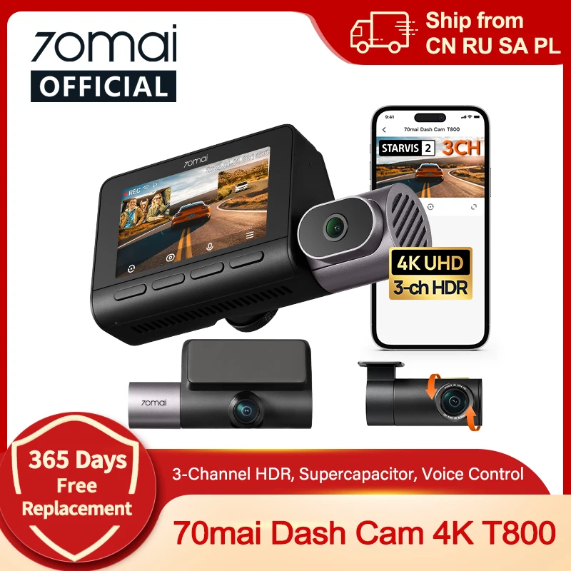 70mai Dash Cam 4K T800 3-Channel HDR Supercapacitor Front Rear
