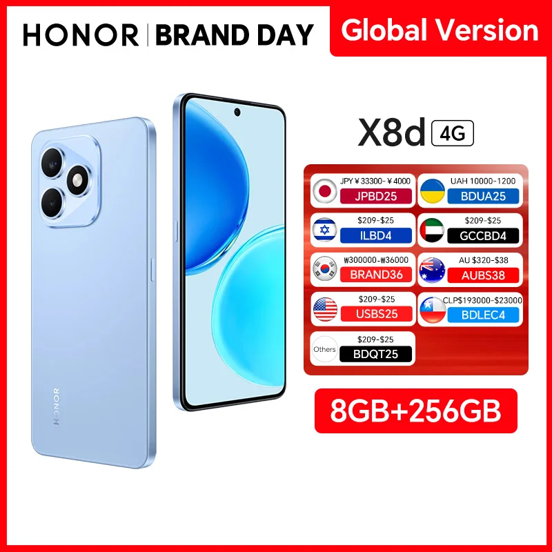 Global Version HONOR X8d 8GB+256GB 4G Smartphone 108MP Main Camera 6800mAh 45W SuperCharge Dual SIM Android 16