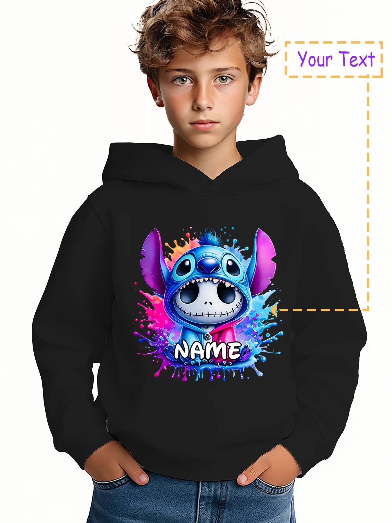 

MINISO Trendy Stitch Skeleton Hoodie - Stitch's trendy skull design, customizable with "NAME." Disney elements, perfect for ever