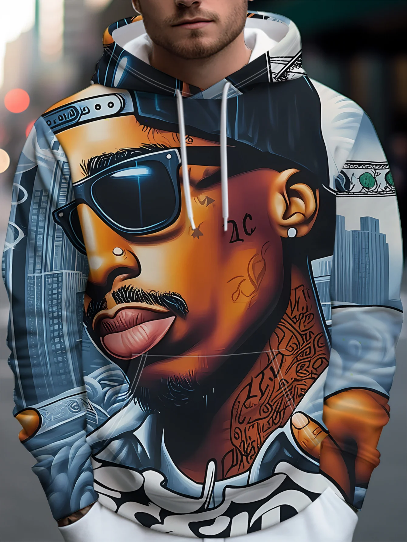 Men Hip Hop Tattoo Man City Building Big Portrait Full Print Drawstring Hoodie With Pocket