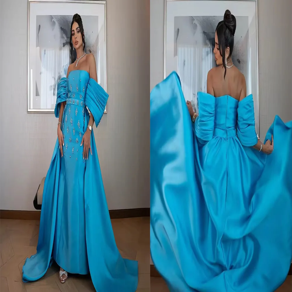 

Classic Boat Collar Satin Bridal Evening Dress with Crystal Sheath Long Backless Saudi Party Gown with Chapel Court Customized