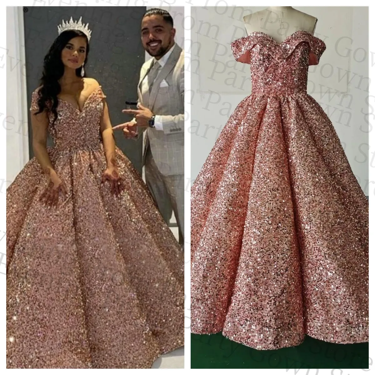 

Real Picture 2023 Sparkly Rose Pink Prom Dress Off Shoulder Quinceanera Dresses Ball Gown Puffy Sequins Vestido 15 anos curto