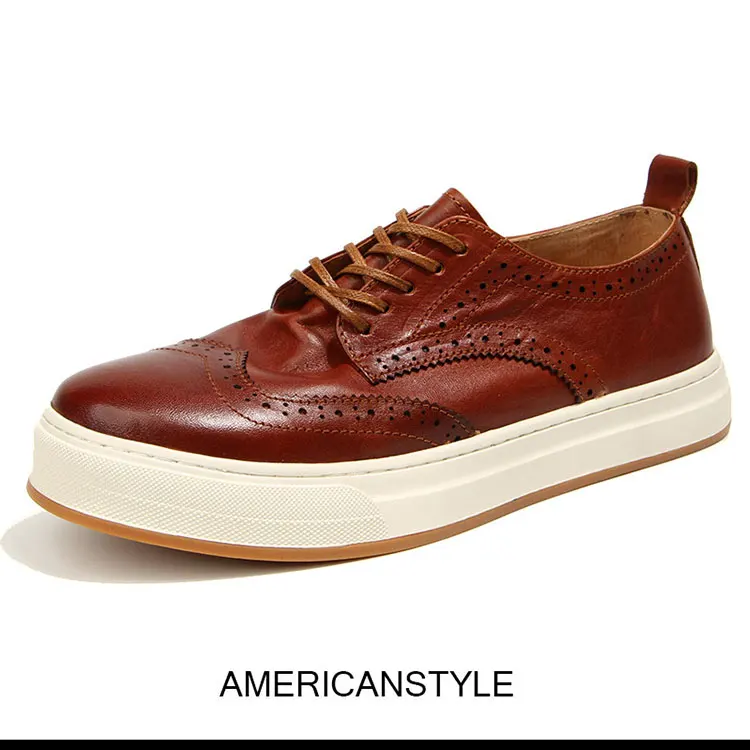 

British Fashion Men's Loafers Full Grain Leather Carved Lace-up Board Shoes Hollow Out Casual Brogues All Match Oxfords