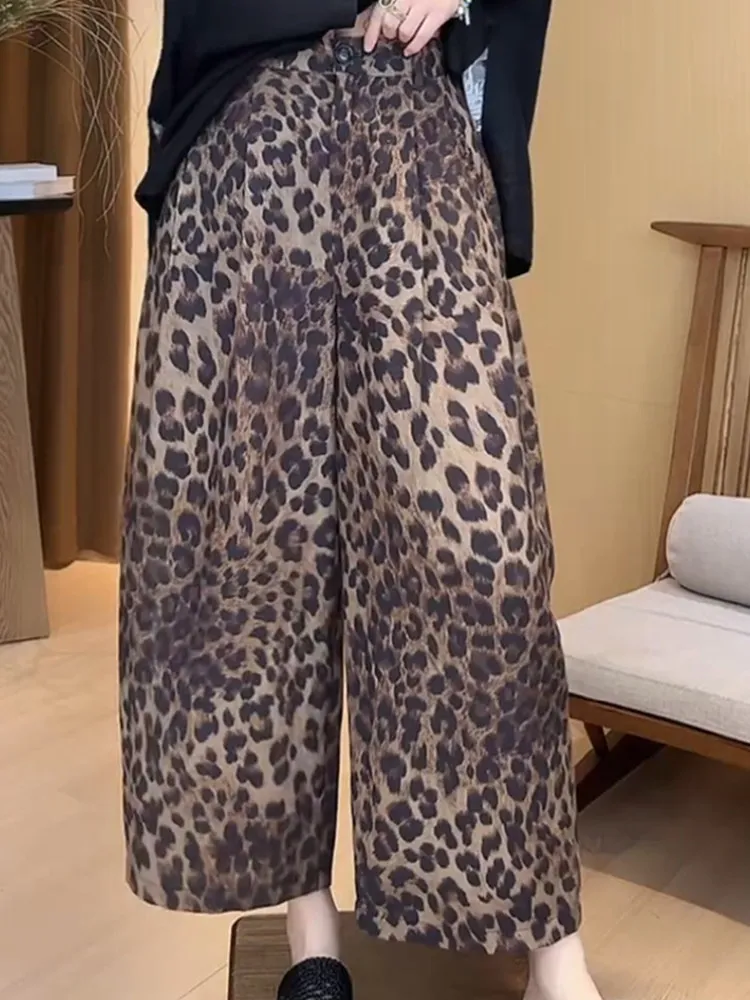 

Korean Style High Waist Leopard Print Wide Leg Nine Pants Women Summer New Elegant Loose Slimming Casual Trousers Trendy