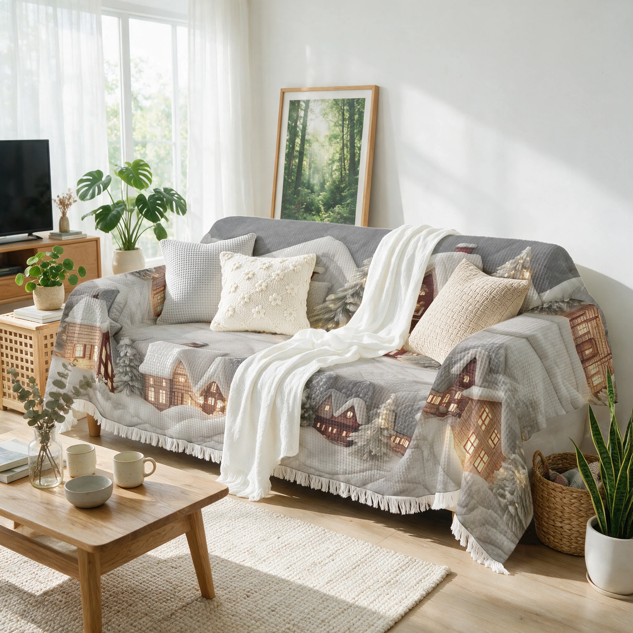 Cozy Rustic Christmas Cabin Sofa Throw Blanket Decorative Winter Village Holiday Couch Cover for Living Room Home Decor