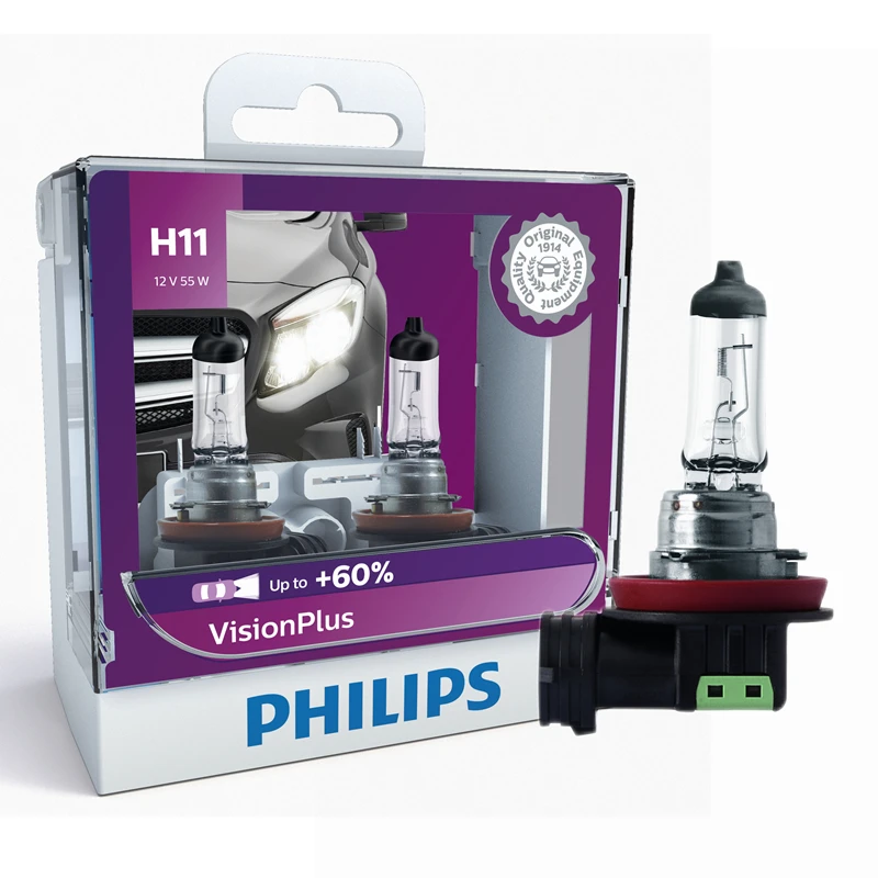 Philips H11 12V 55W PGJ19-2 VisionPlus 3250K Bright Light Up to 60% Vision Halogen Original Car Lamps Headlight 12362VPS2, 2X