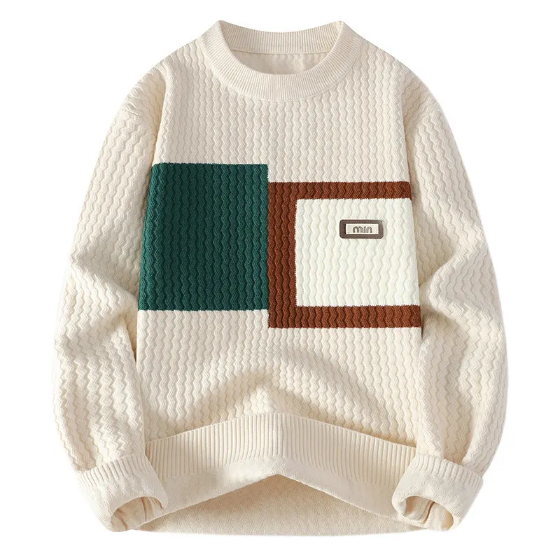 2025 Autumn/Winter Casual Men's Round Neck Sweater Splicing Half High Neck Thick Solid Color Knitted Sweater