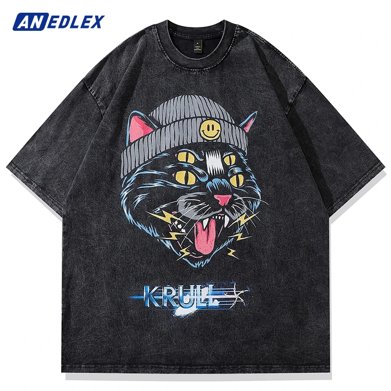 

Hip Hop Streetwear Men Oversized T Shirt Funny Cartoon Cat Print T Shirt Vintage Washed Black Tshirt Harajuku Summer Cotton Tees