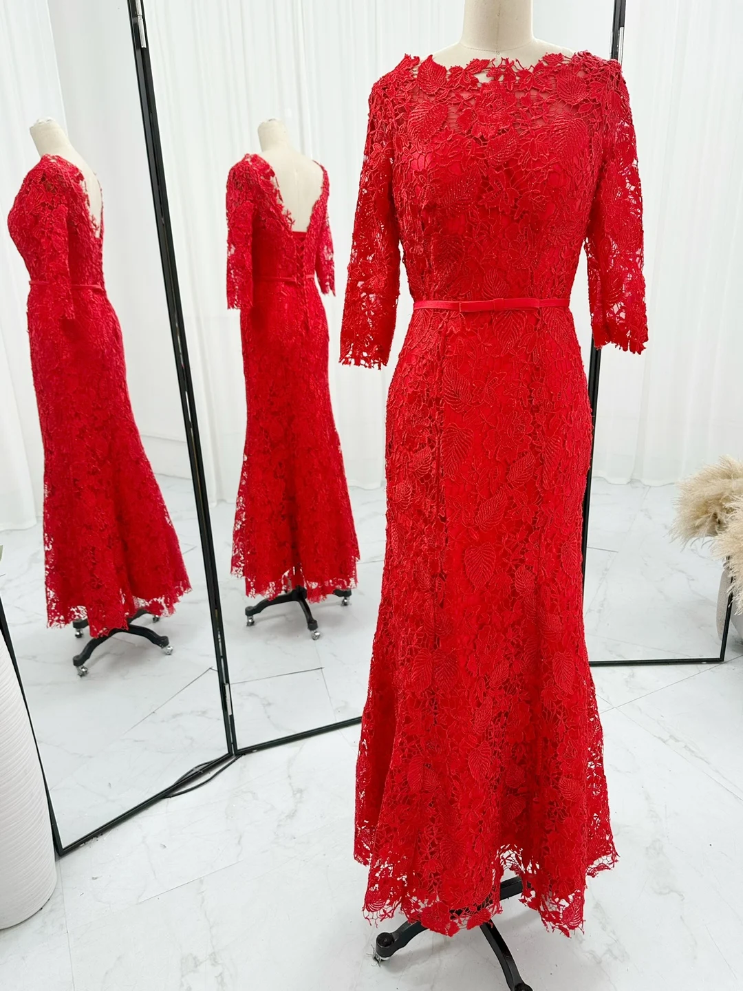 Red Fashion Minimalist Seven -Point Sleeve Lace Back Tie Slim Dress Skirt M1278