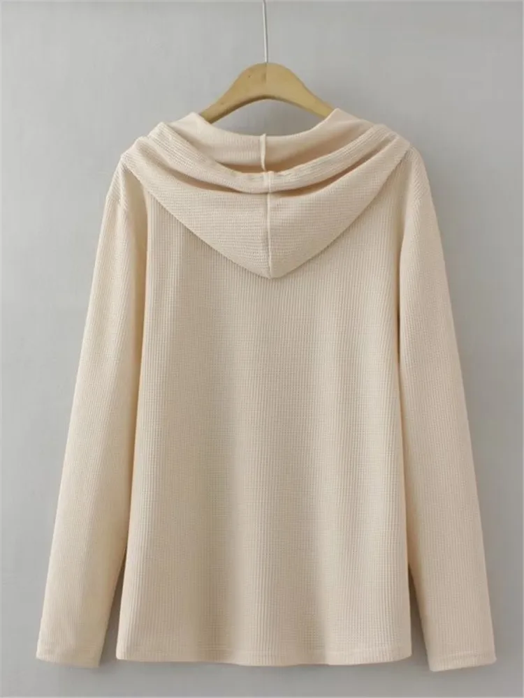 Plus Size Women's Long Sleeve T-Shirt Spring Autumn Hooded Solid Colour Knit T-Shirt With Button Casual Thin Section Cardigan