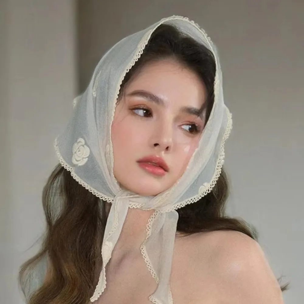 

Retro Headwear Flower Embroidered Headscarf Rose Flower Lace Rose Triangle Scarf Sweet French Flowers Headband Women