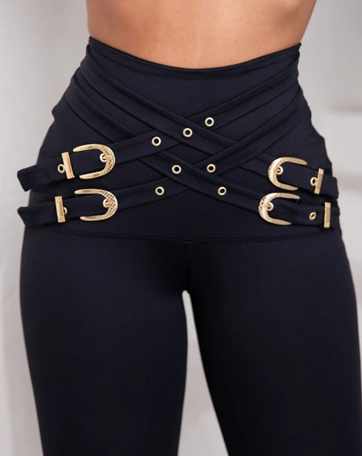 Women's Newly Released Fashionable Cross Hole Decoration High Waist Casual Monochrome Tight Fitting Hot Selling Pants