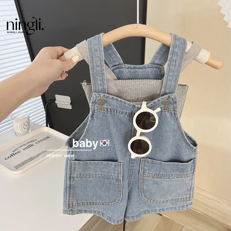 

Girls Denim Suspender Suit2024Summer New Women's Baby Net Red Short Sleeve Suspenders Back Pants Children's Fashion