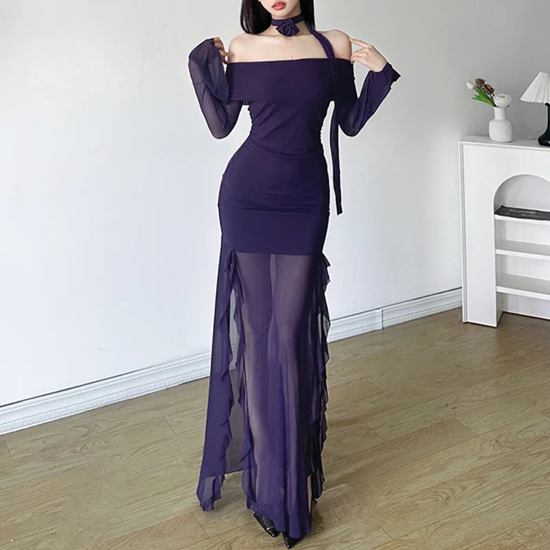 فستان نسائي لربيع وصيف منعش أخضر نعناعي شبكي فستان قصير دانتيل مرقع عالي الخصر حورية البحر فستان ماكسي للحفلات المسائية