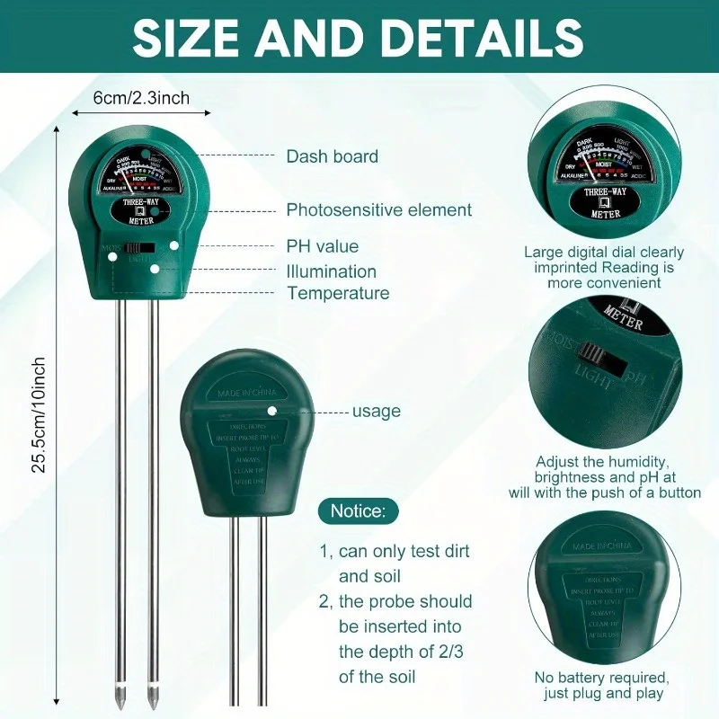 3 in1 4 in1Soil Tester PH Light Moisture Acidity Meter Portable Soil Detection Kit Gardening Tool for Flowers Plants Growth Care