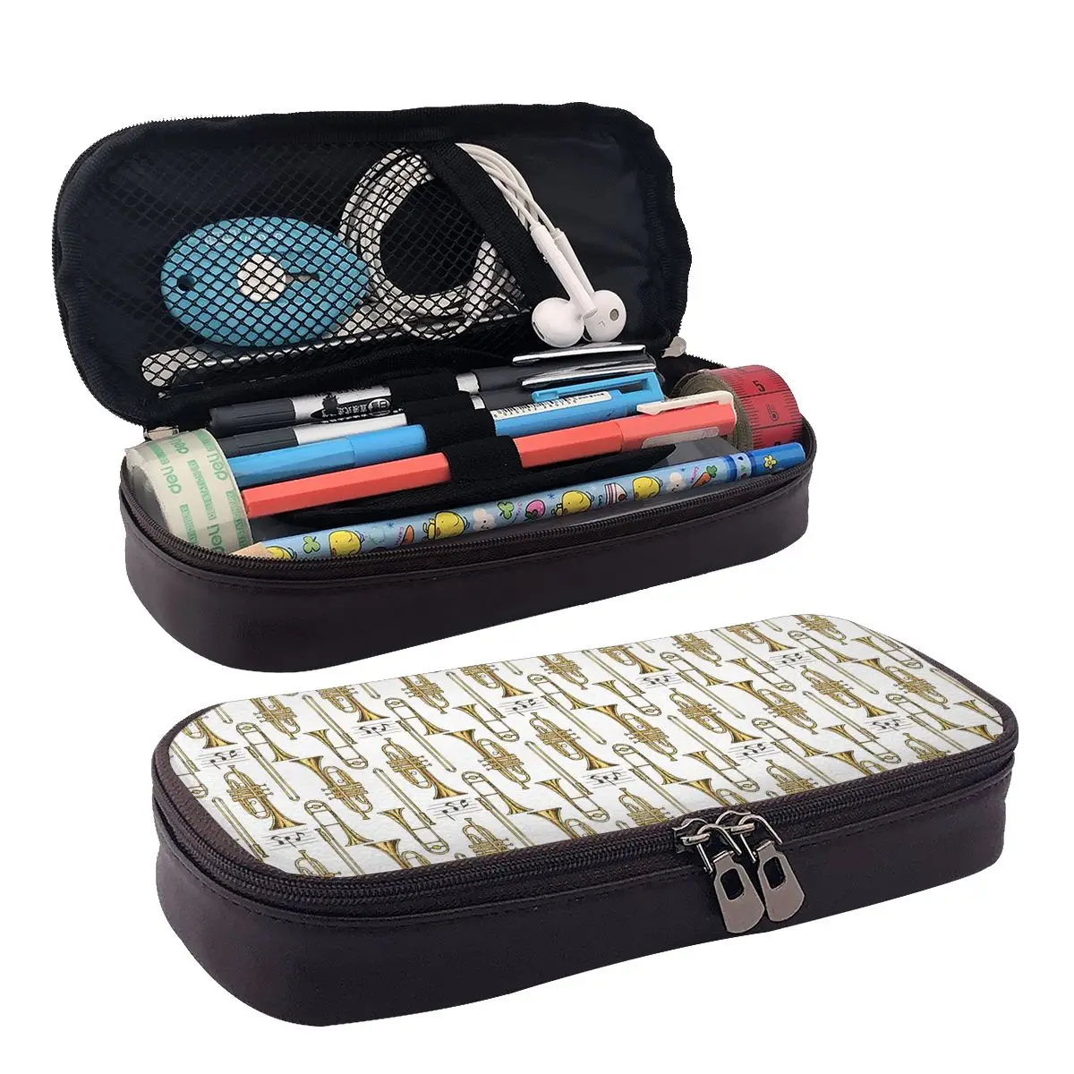 Trumpet Horn Instruments Leather Pencil Case for Boy Girl School Pen Box Pencil Bag Stationery Supplies Pen Holder Bag