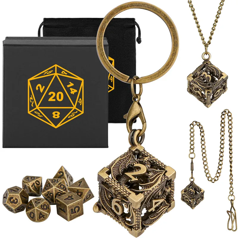 خمر الجوف D6 حالة مع 7 قطعة/المجموعة البسيطة المعادن متعدد السطوح النرد حلقة رئيسية قلادة سلسلة بدلاية لعب الأدوار منضدية الألعاب #2