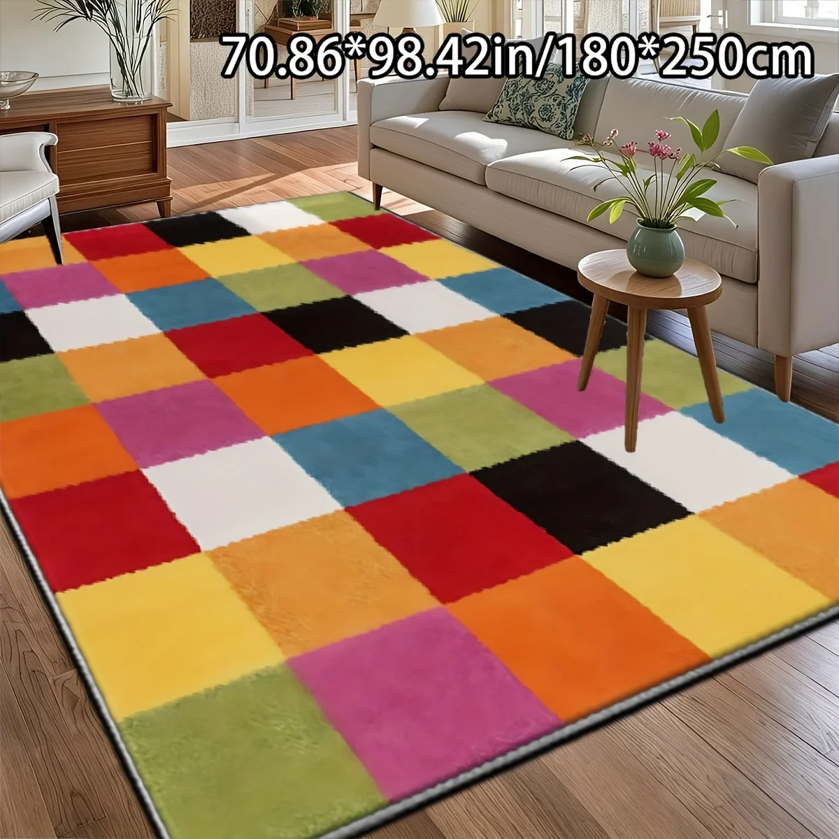 VIKAMA Colorful Checkered Area Rug,Non‑Slip Mat,Bright Rainbow Square Grid Pattern Carpet for Living Room Bedroom Indoor Decor