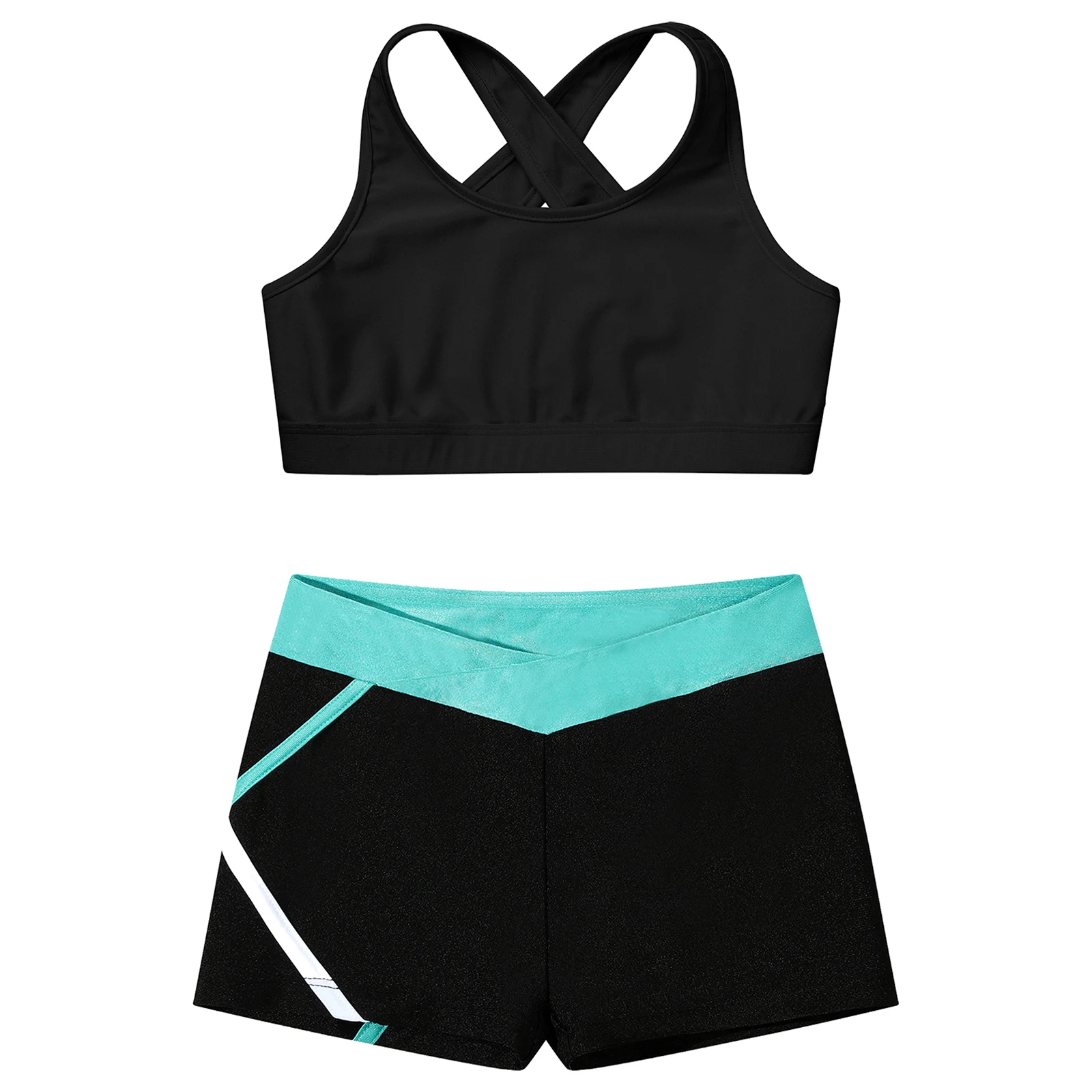 Conjunto de ropa deportiva para niñas, ropa de entrenamiento para Ballet, correr, Yoga, gimnasio, tirantes de hombro sin mangas, Tops cortos cruzados, chaleco + pantalones cortos de verano