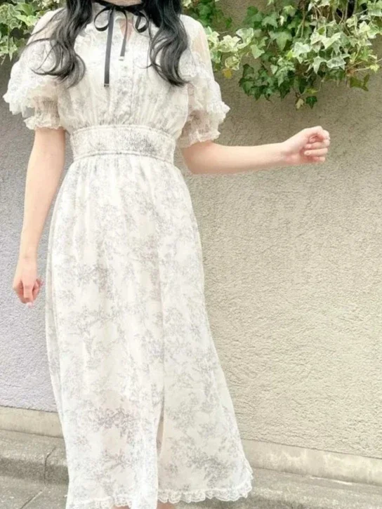 

Rojita Japanese Mass-Produced Sweet Cute Girl Printed Mid-Length Dresses Mine Lace Edge off-the-Shoulder Puff Short Sleeve Dress