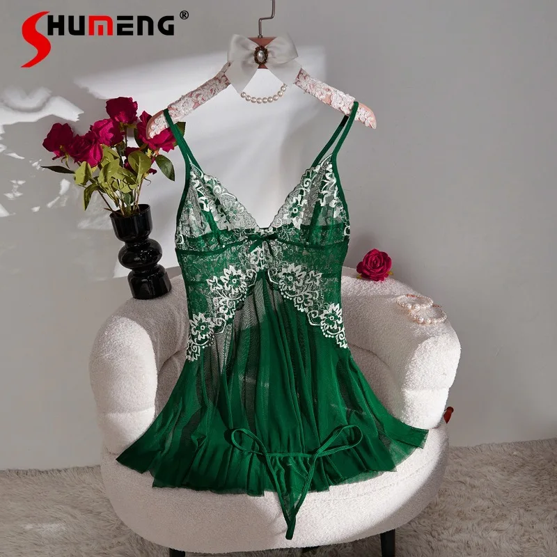 

Elegant Sexy Lace Patchwork Short Sleepshirts Female Deep V Side Slit Backless Nightdress Women Comfortable Nightgowns