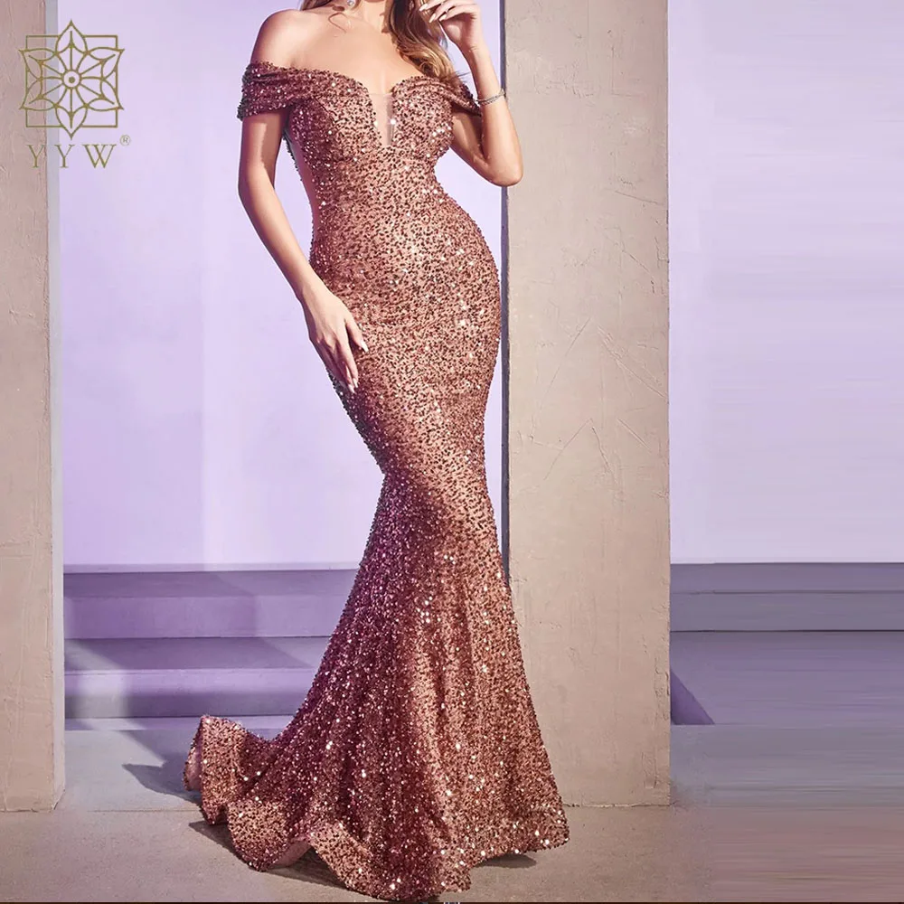 Vestido de noche de sirena con hombros descubiertos, vestidos de noche de fiesta de lujo con lentejuelas ajustadas de terciopelo y cuello oblicuo