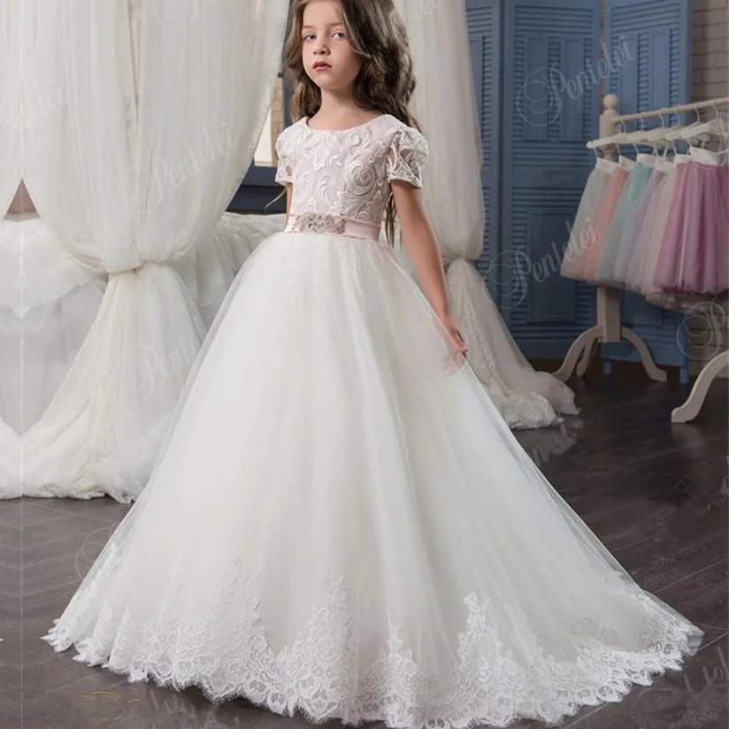 Formal Short Sleeve Kids Flower Girl Dresses For Wedding Cheap Lace Up Back Party Birthday First Communion Princess Gown