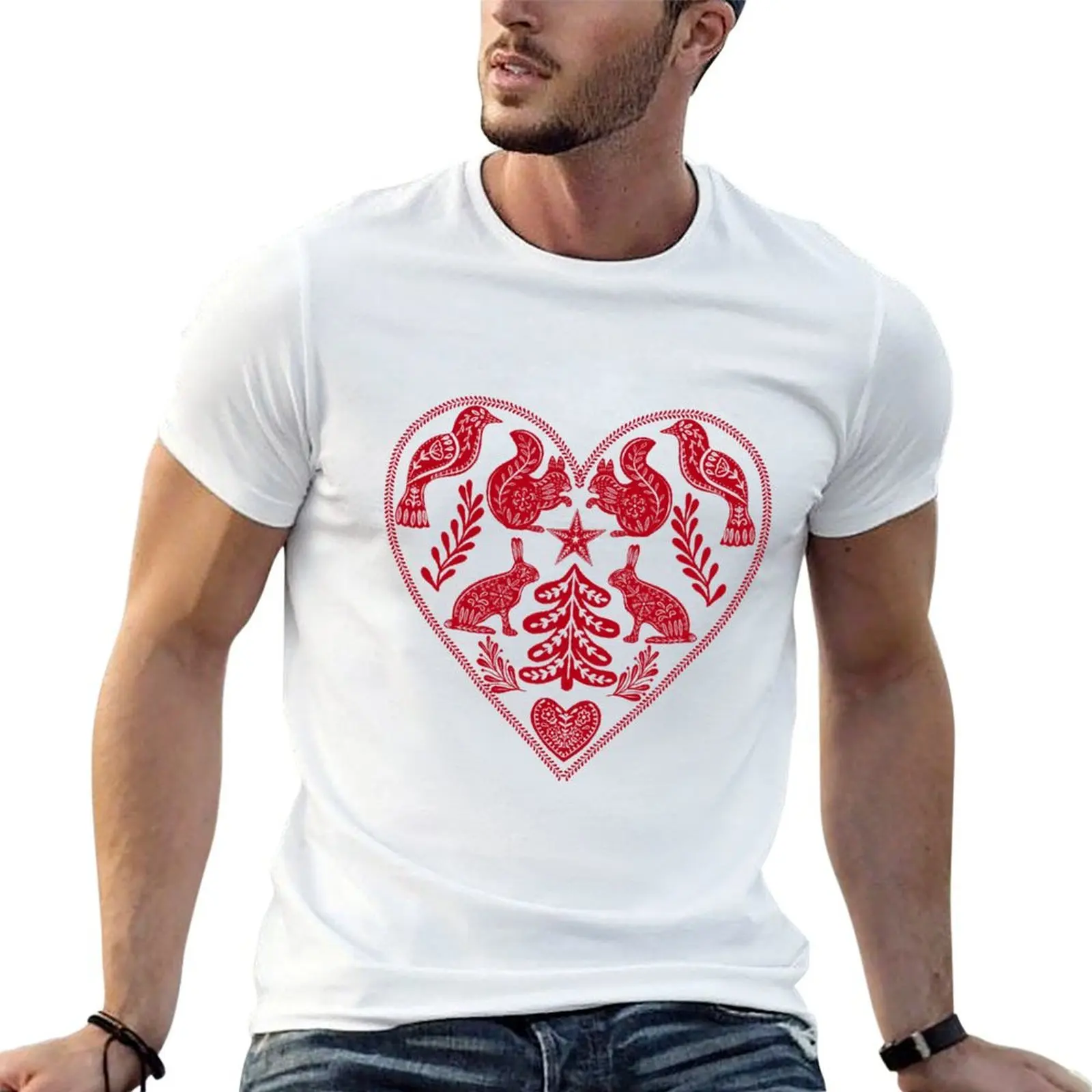 Scandi folk art Christmas forest heart red T-Shirt Construction Work Tee Shirt