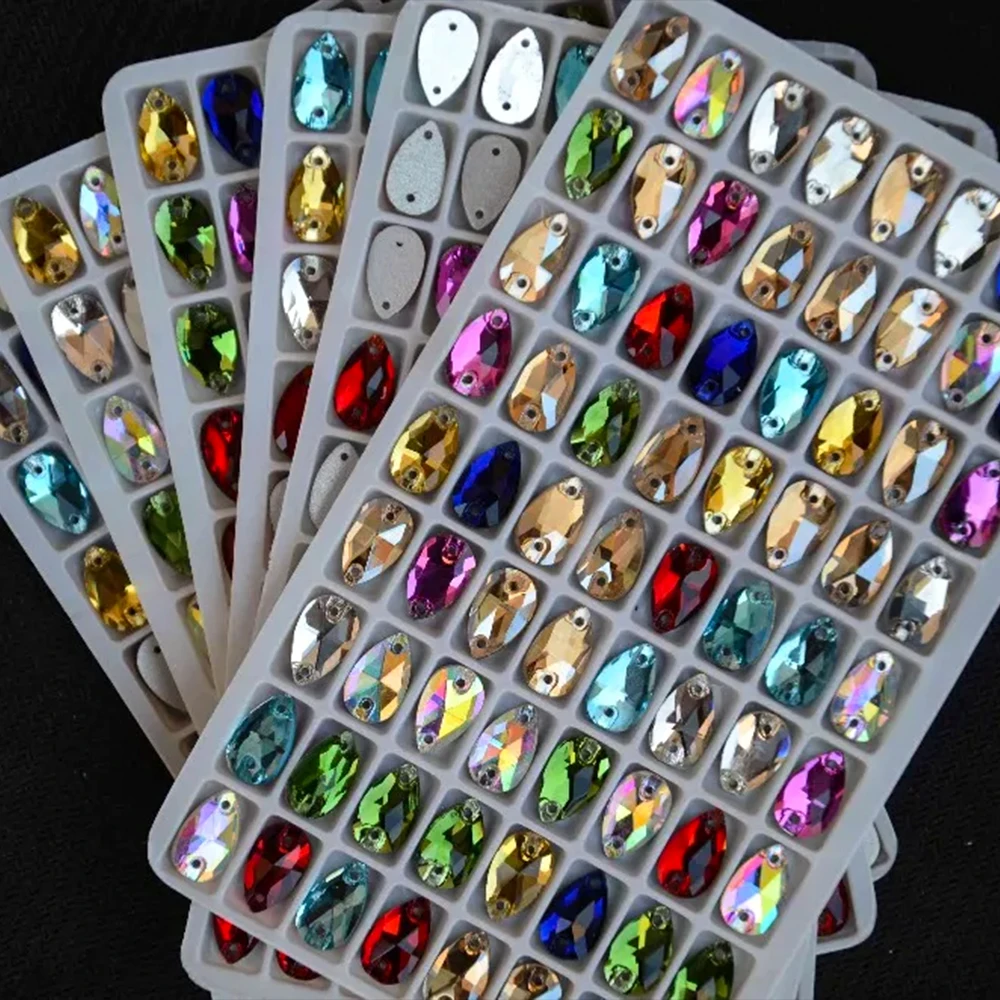 Mix Colors Glass Crystal Teardrop Sew On Stones Flatback 2 Holes Multi Colors Sewing Crystals 7*12mm,10.5*18mm,13*22mm,17*28mm