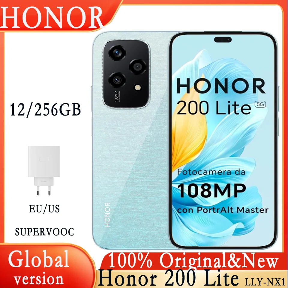 Global Version HONOR 200 Lite 5G Smartphone Mediatek Dimensity 6080 6.7'' AMOLED Display 108MP Main Camera 12/256GB MagicOS 8.0