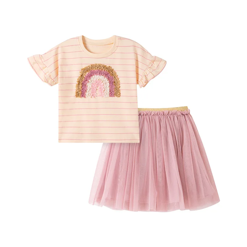 

2025 Summer Not Hooded Cute Girls Suit Skirt Set Pure Cotton Children's Clothing