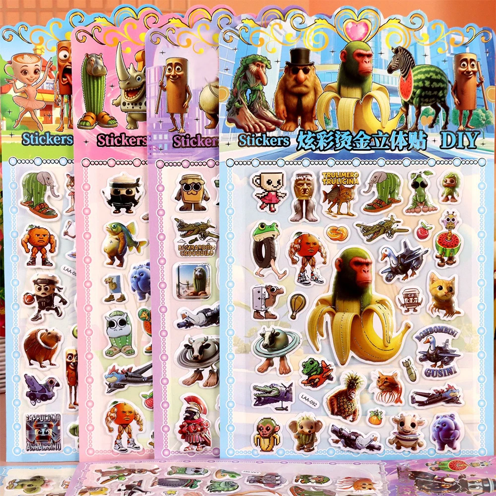 Tung Tung Sahur 3D Puffy Bubble Stickers Italian Brainrot Cartoon Abstract Animal Decals for Scrapbook Laptop Guitar Sticker Toy