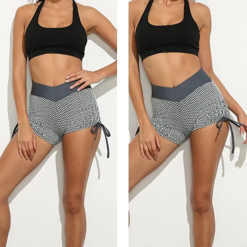 77HE 여성 하이 웨이스트 운동 반바지 운동 요가 러닝을위한 Drawstring 로프가있는 웨이브 포인트 디자인 반바지