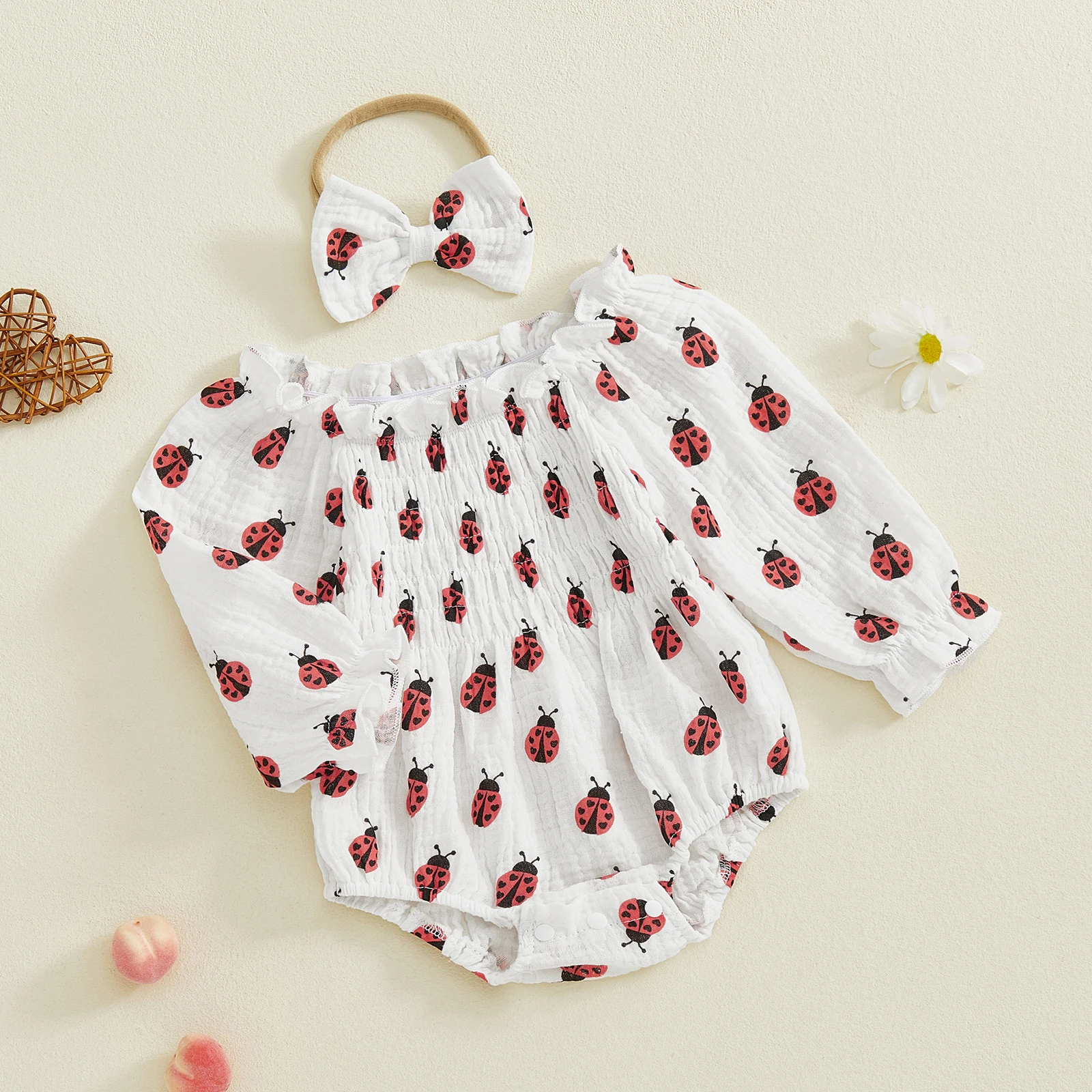 

Tregren, комбинезон на День святого Валентина для маленьких девочек 0-18 месяцев, милый пышный комбинезон с длинными рукавами и принтом божьей коровки, комплекты с повязкой на голову