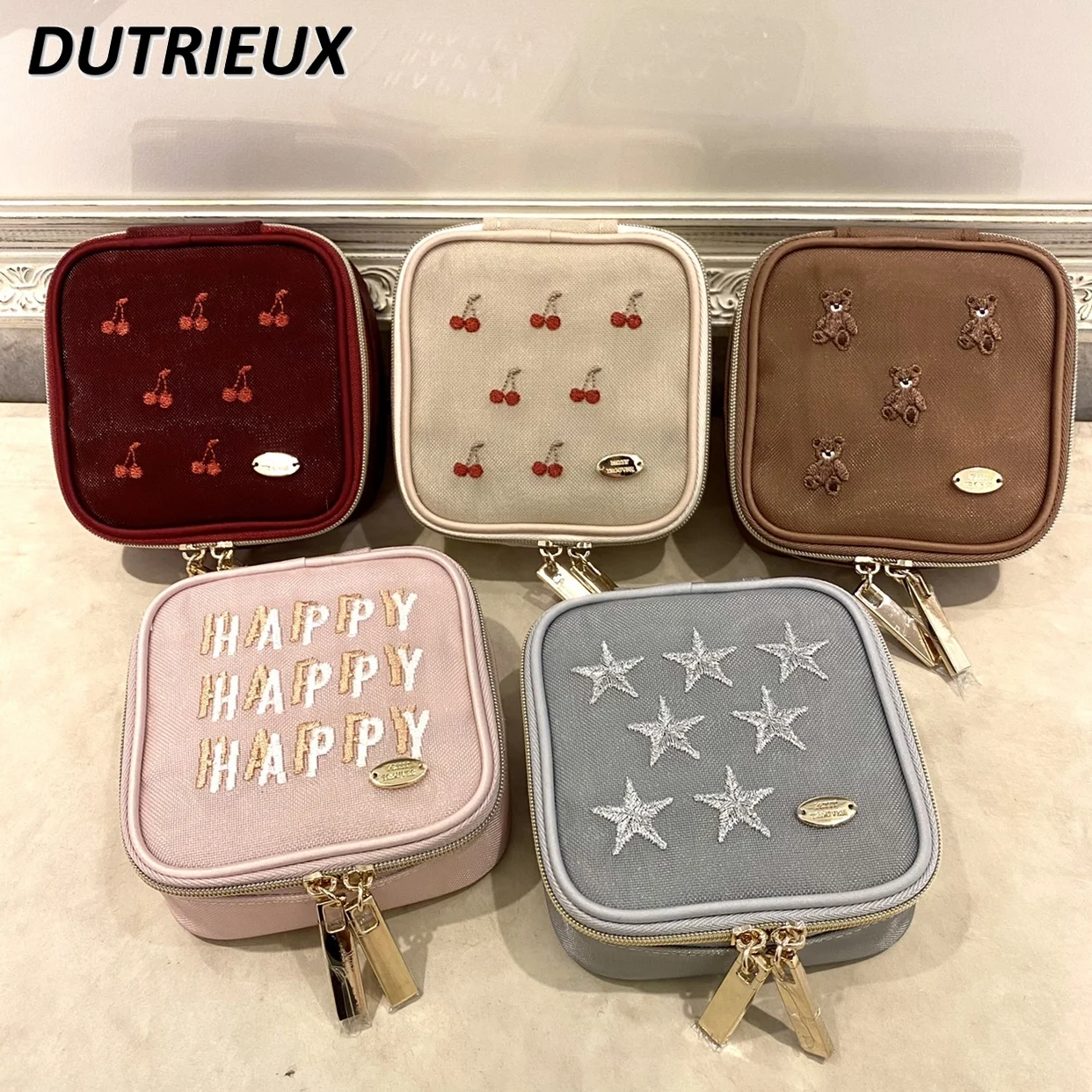 Japanese Style Casual Sweet Cute Embroidered Storage Bag Square Mini Cosmetic Bags Fashion Women's  Make Up Cases 2024 New