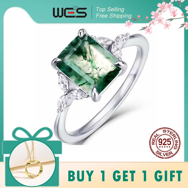 WES 925 Silver Leaf Branch Unique Natural 7*9mm Moss Agate Engagement Rings for Woman Boho Forest Jewelry Gift for Her Wholesale
