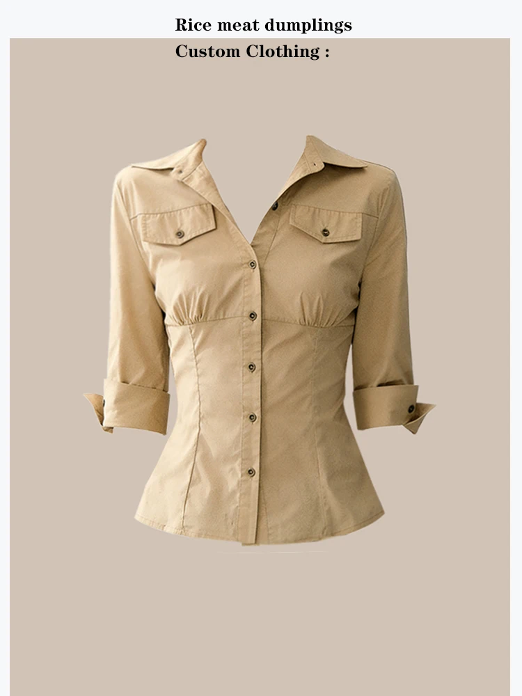 

Slim Fit Korean Style Shirt with Pocket Waist-Cinching Mid-Sleeve Turn-Up Sleeve Elastic Khaki Color for Women