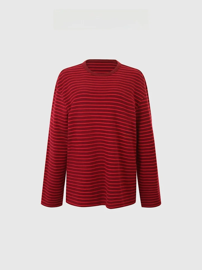 

Red Striped T-irt Far Infrared Heating Long Sve Women's Casual Faion Stand Fit Cotton Blend Polyester Spandex