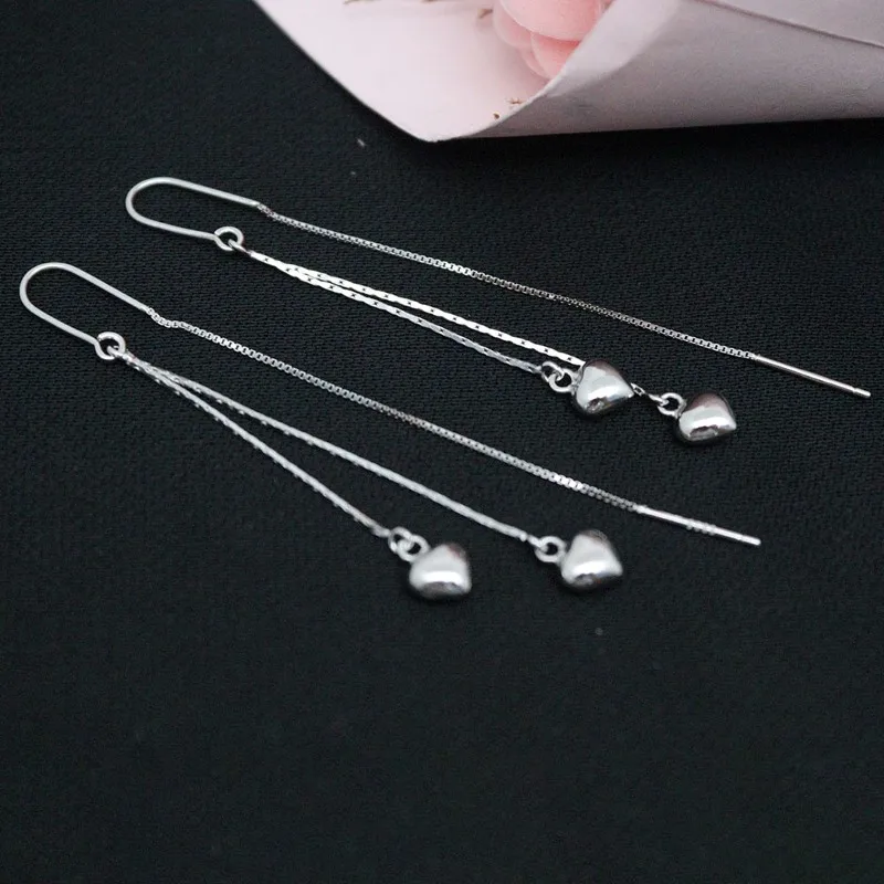 

Real Solid 925 Sterling Silver Dangle Women Lucky Heart Box Link Chain Earrings