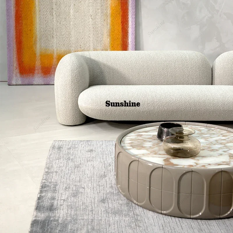 nordic modern minimalistic gray fiberglass base big round natural marble top coffee tables living room furniture  T*