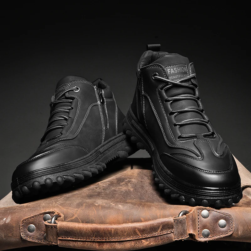 Casual Shoes Motorcycle Boots High-Top Winter New Style Cotton Shoes Rubber Outsole Round Toe Flat Heel Men's Leather Boots