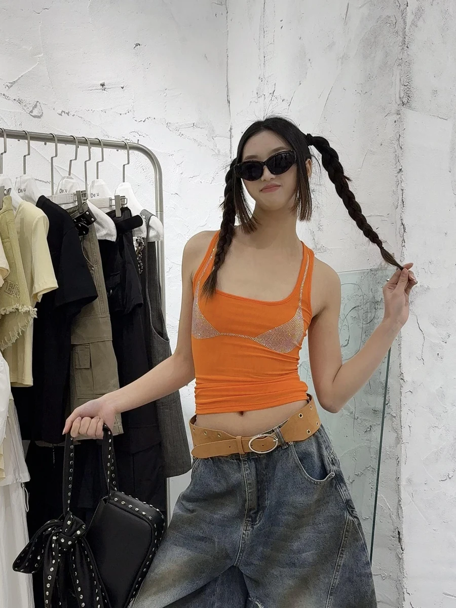 

American Retro Rhinestone Strap Vest Summer New Slimming Pure Desire Spicy Girl Casual Versatile Svel Top