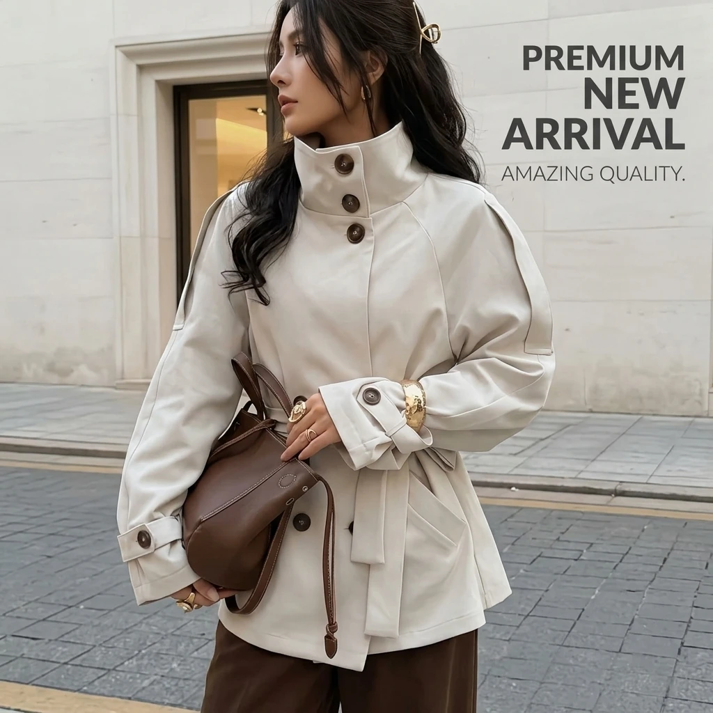 Short Trench Coat for Women French Style Stand Collar Loose Casual Windbreaker Jacket