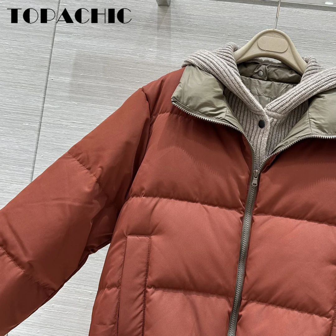 9.1 TOPACHIC-Women Bead Chain Hooded Knit Spliced Fake Two Pieces Long Sleeve Down Jacket Hat Detachable Zipper Thick Down Coat