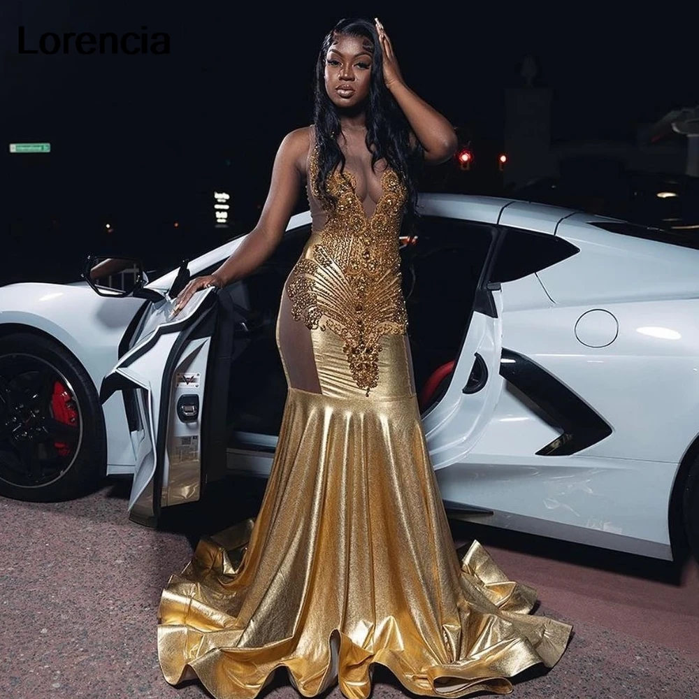 Lorencia Sparkly Gold Long Prom Dress Black Girls Crystals Rhinestones Beaded Ruffles Birthday Party Gowns Robe De Soiree YPD135